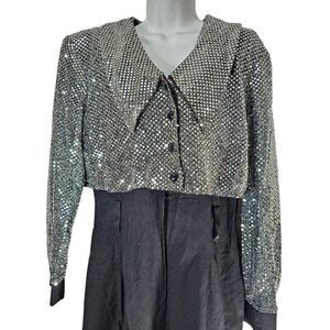 Vintage 80s Jumpsuit Womens Size Medium Black Silver Sequins Faux Tuxedo Rayon